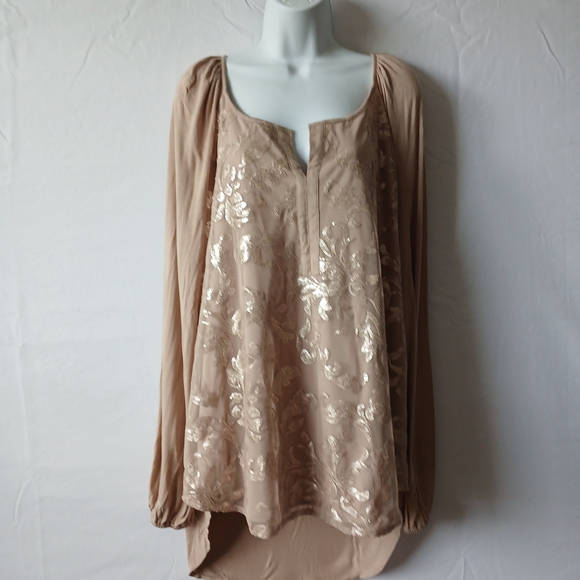 Knox Rose Blouse Tan Cream Sequins Floral Split Neck Sz XXL Holiday Dressy Work - Picture 1 of 7